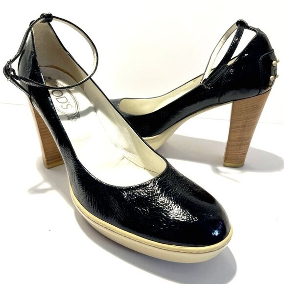TOD'S Made in Italy Aspen Black Patent Platform Pump Driving Heels 9.5 MSRP $800 - Picture 1 of 8